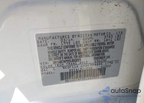 2014 Nissan Sentra Fe+ S/Fe+ Sv/S/Sl/Sr/Sv from USA, damaged, VIN 3N1AB7AP2EL653221